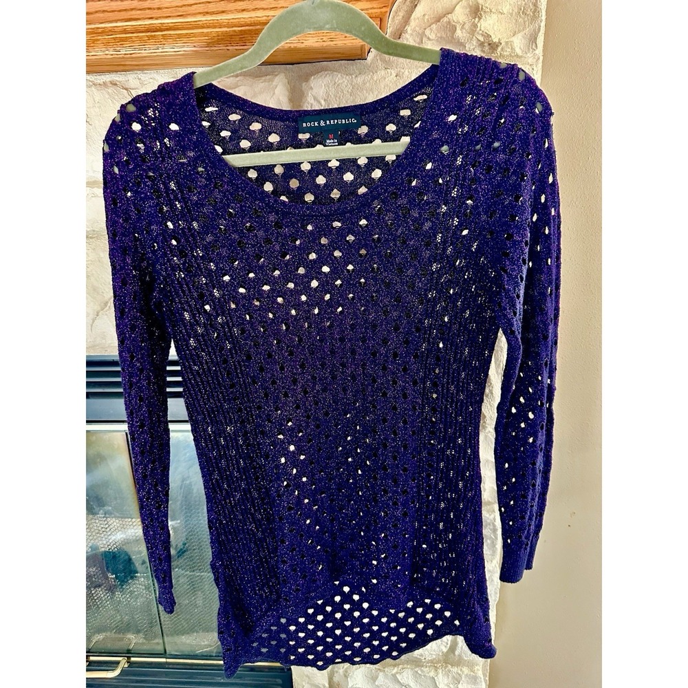 Rock & Republic Metallic Open Knit Sweater M Black Purple Fishnet Top